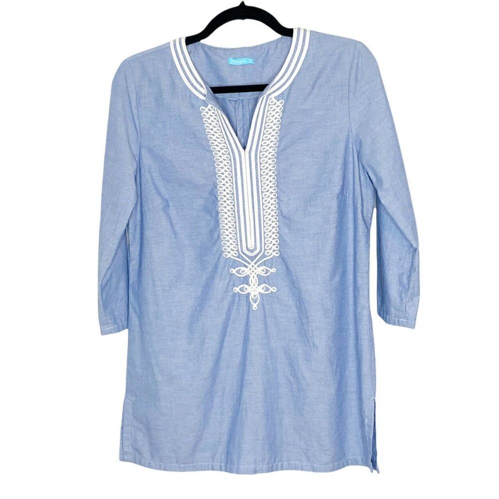J. McLaughlin Women’s Blue Embroidered Piping 3/4 Sleeve Tunic Blouse XS